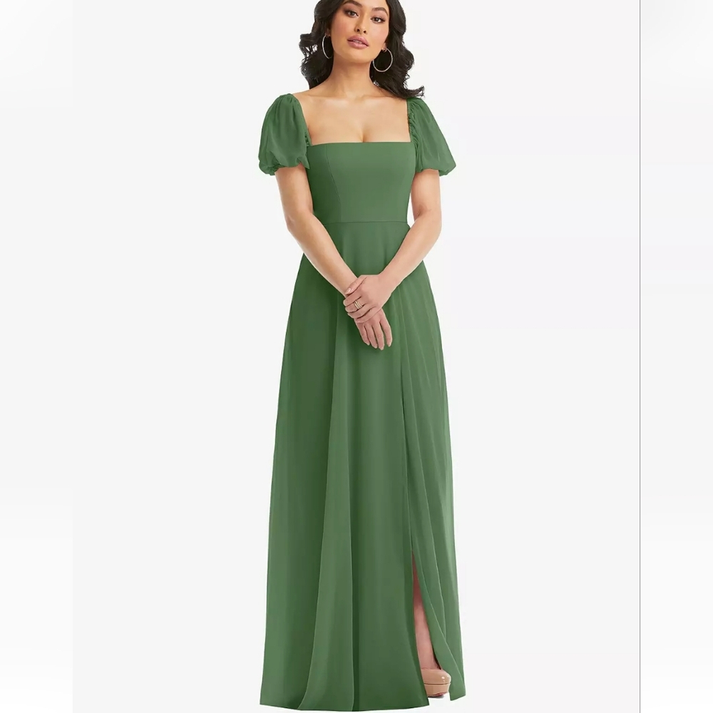 After Six Chiffon Square Neck Puff Sleeve Maxi Dress Front Slit